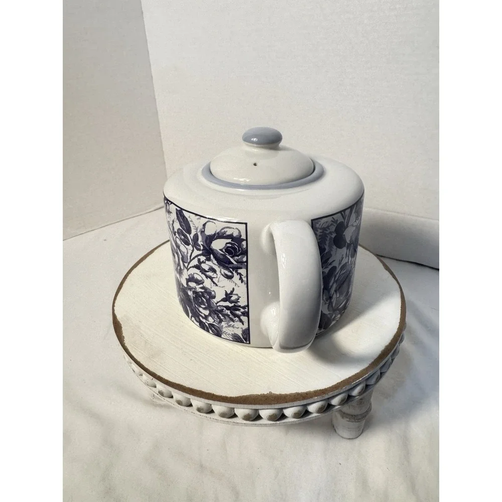 Vtg New Condition Stoneware White Blue Floral Teapot ‎ Made in Thailand  6